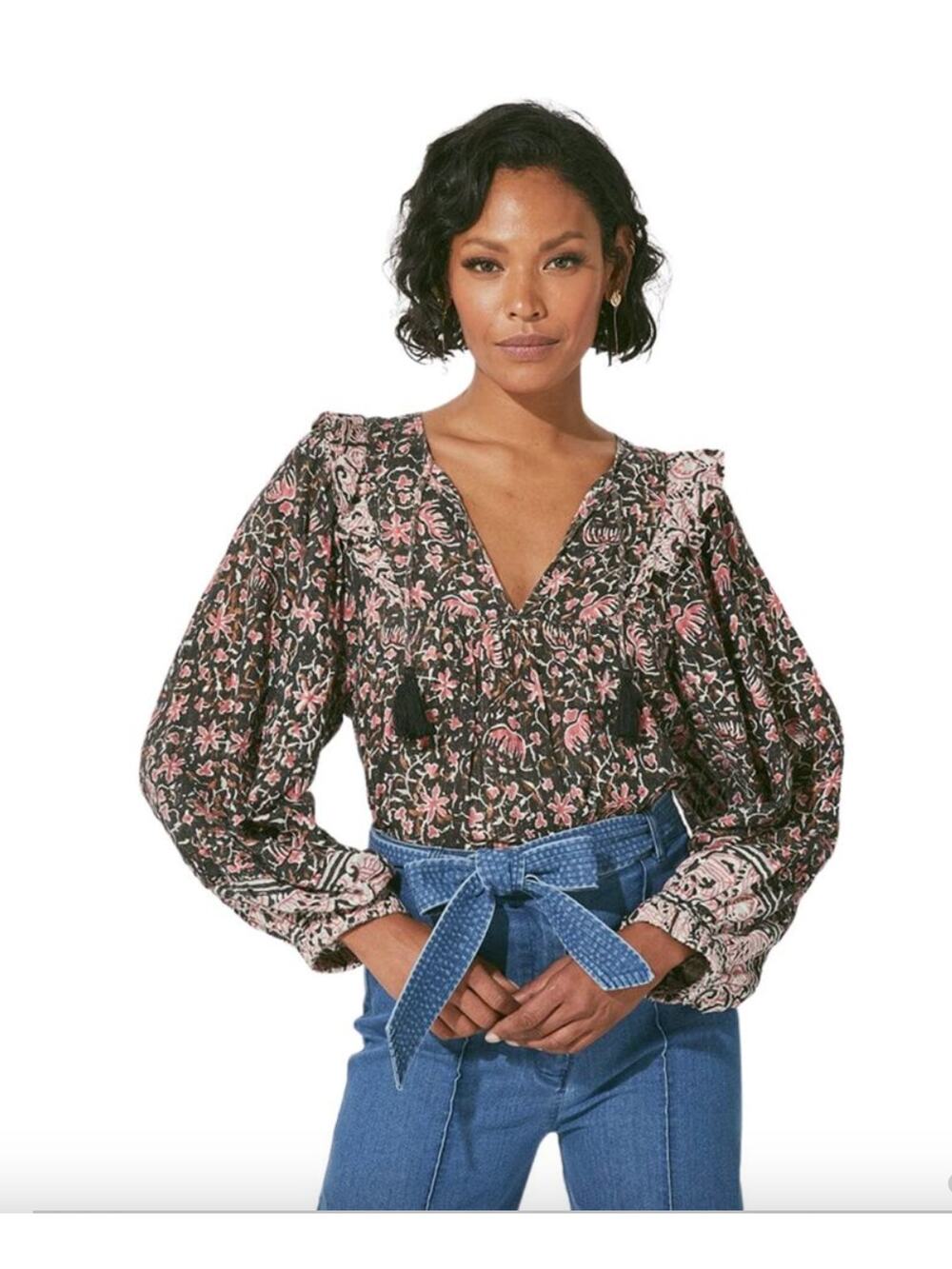 CLEOBELLA NWT Evereve Brynlee Black Pink Org Cotton Metallic Print Blouse // M